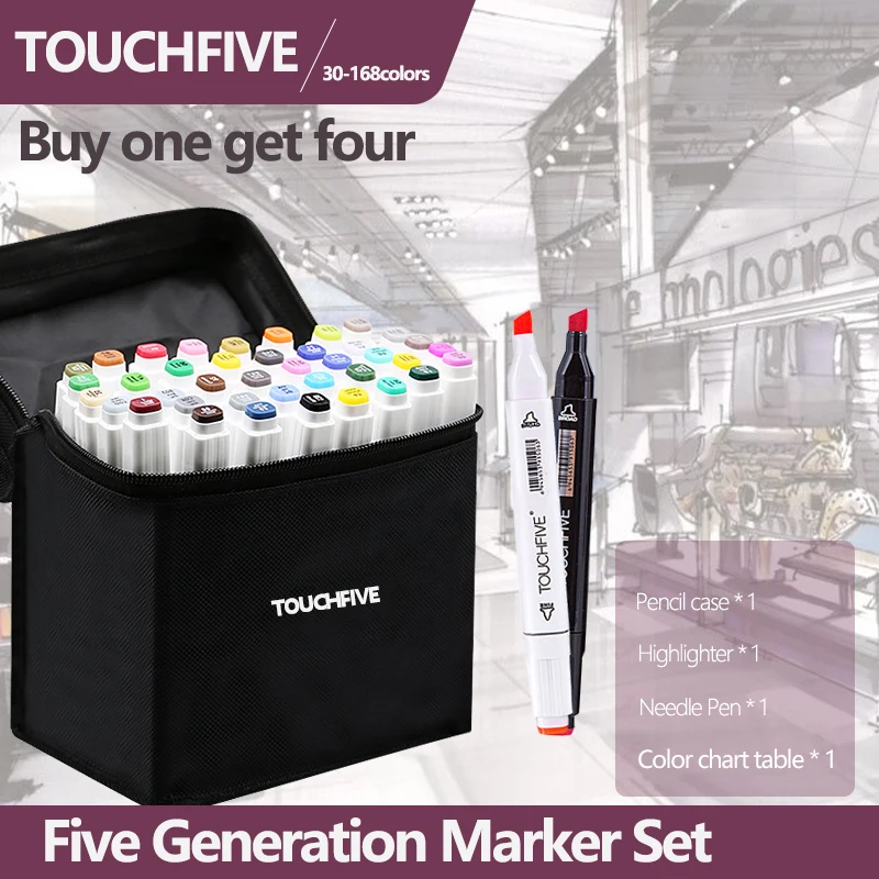 Маркеры TOUCHFIVE 30/40/60/80 цветов двухсторонние спиртовые графические эскизные