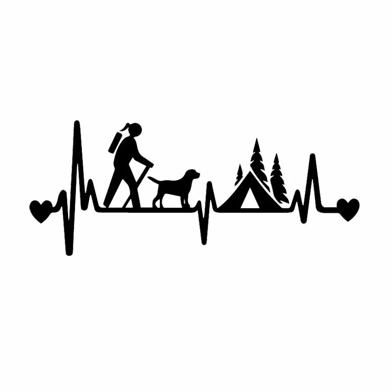 

18X7CM Girl Hiker Camping with Dog Camper Tent Heartbeat Lifeline Car Sticker Decal KK Vinyl Car Accessories Black/Silver