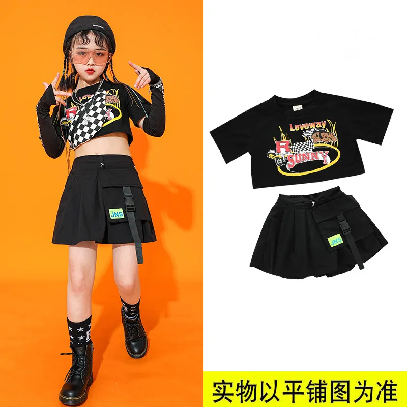 

Girls Hip Hop Carnival Costumes Dance Clothing Kids Crop Tshirt Tops Red Skirt Jazz Dancing Outfits Street wear Clothes