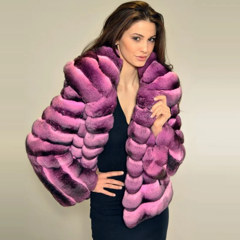 Fashion Women Real Fur Coat Natural Whole Skin Real Chinchilla Color Rex Rabbit Fur Coats Long High Quality Genuine Fur Jackets