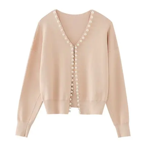 

2021 Spring Autumn New Womens Coat Fashion Casual V-Neck Pearl-Rimmed Pure Color Knitted Cardigan Long-Sleeved Jacket
