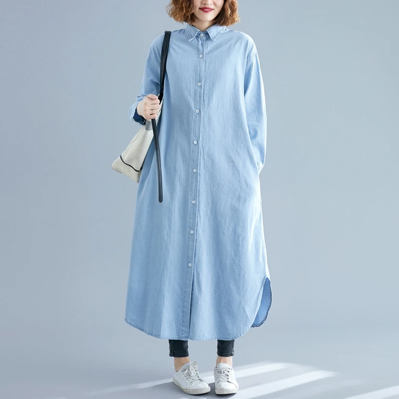 Женское длинное джинсовое платье рубашка повседневное свободное макси с длинным