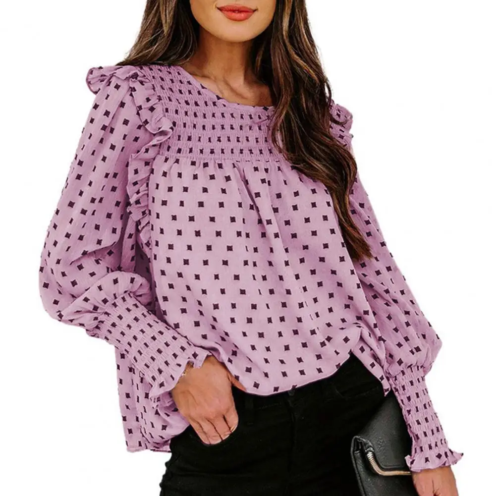 

Dot Print Lantern Long Sleeve Women Blouse Ruffle Trim O-Neck Casual Blouse Tops Ladies Office Work Autumn Streetwear Clothing