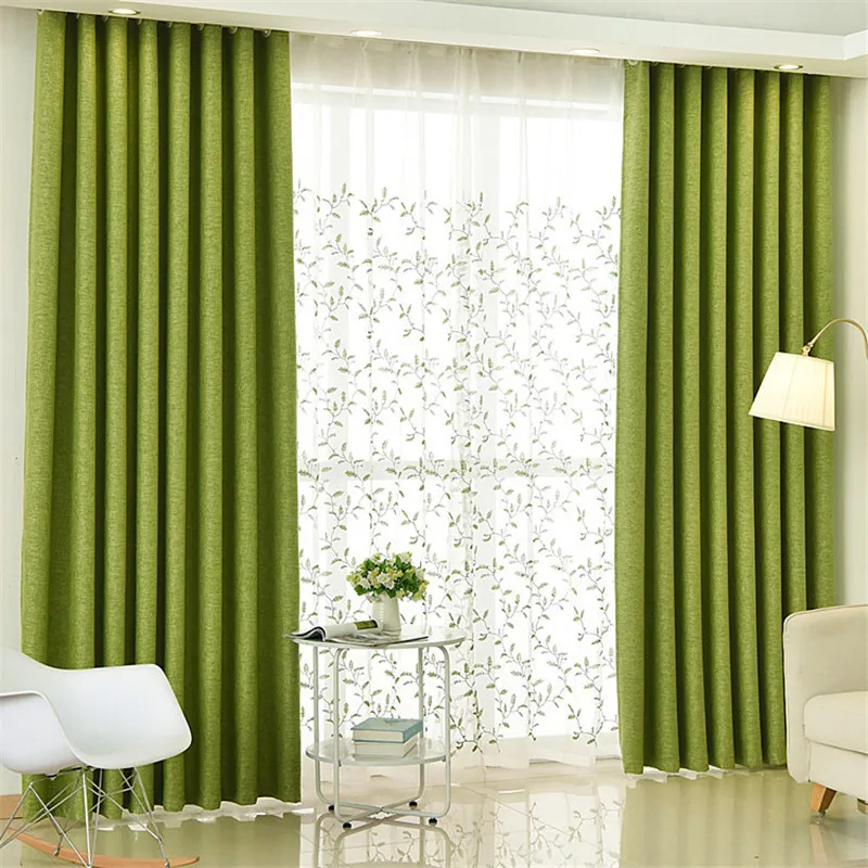 

Green Blackout Drapes Finished Customize Curtains and Tulle Elegant Faux Cotton Linen Living Room Curtains