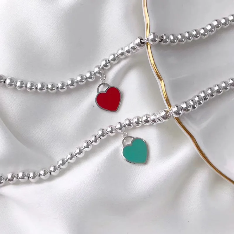 

S925 Silver 4MM Round Bead Enamel Ladies Classic Heart-shaped Tag Bracelet Ladies Holiday Gift