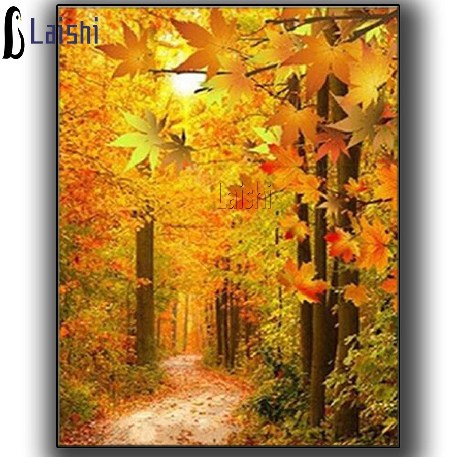 Алмазная живопись Осенний пейзаж золотые листья полноразмерная вышивка