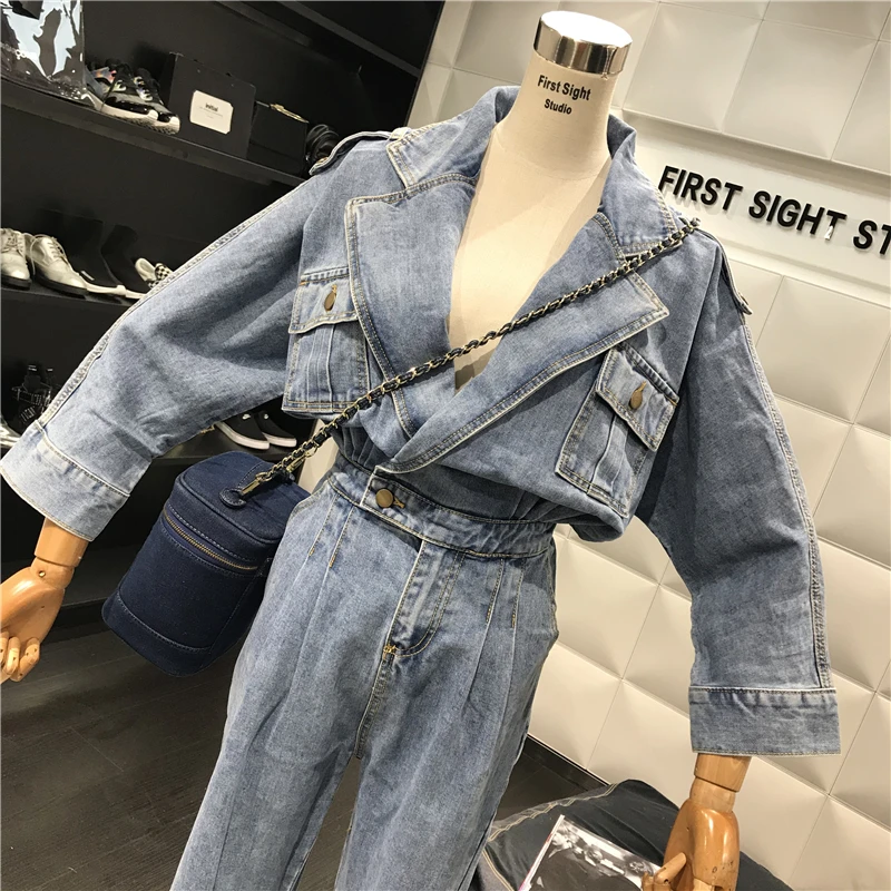 Осенний женский комбинезон с длинными рукавами потертый джинсовый свободный