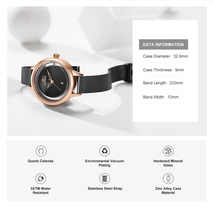 NAVIFORCE женские часы Топ бренд Роскошные черные розовое золото наручные сетка