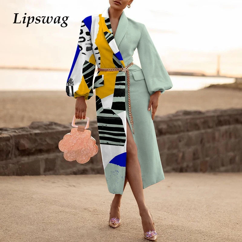 

Женская Повседневная куртка составного кроя, элегантная длинная куртка с отложным воротником, винтажный узор, Осень-зима 2021