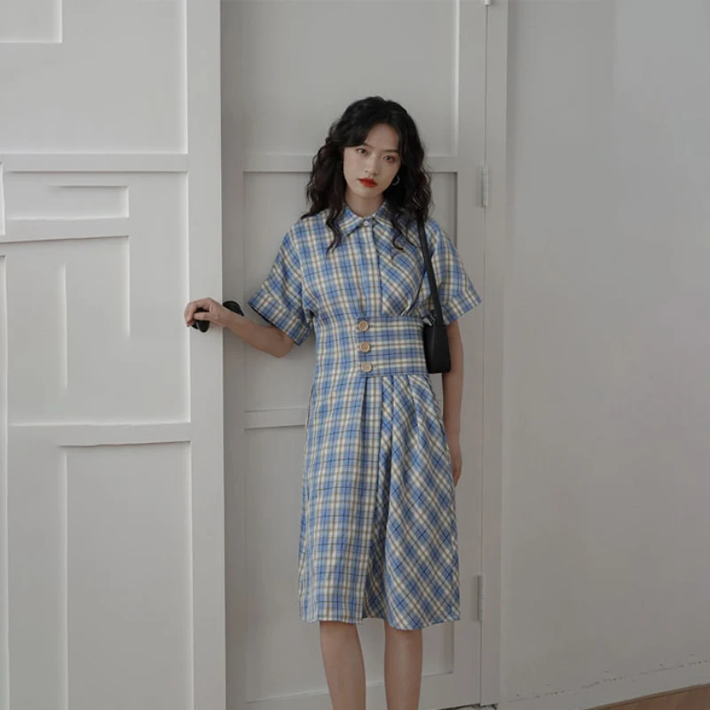 

AIIOU модное летнее асимметричное платье в клетку с завышенной талией, платье миди с отложным воротником, элегантные платья с длинным рукавом ...