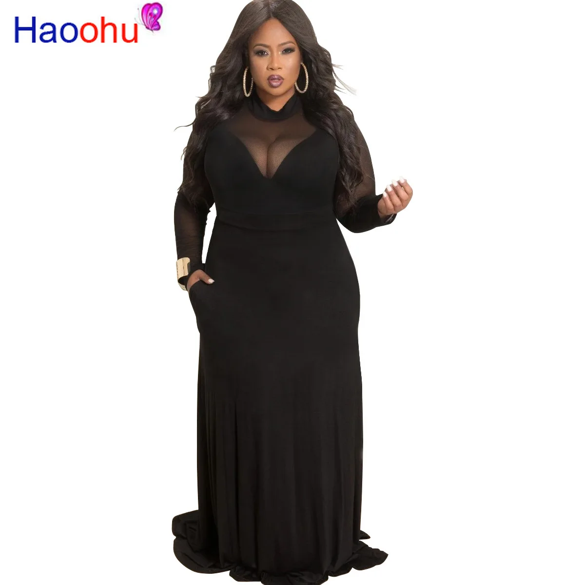 

L-5XL Solid Color Mesh Patchwork Loose Maxi Dress Bohemian Holiday Party Women Stand Neck Robes Vestidos With Pocket PLUS SIZE