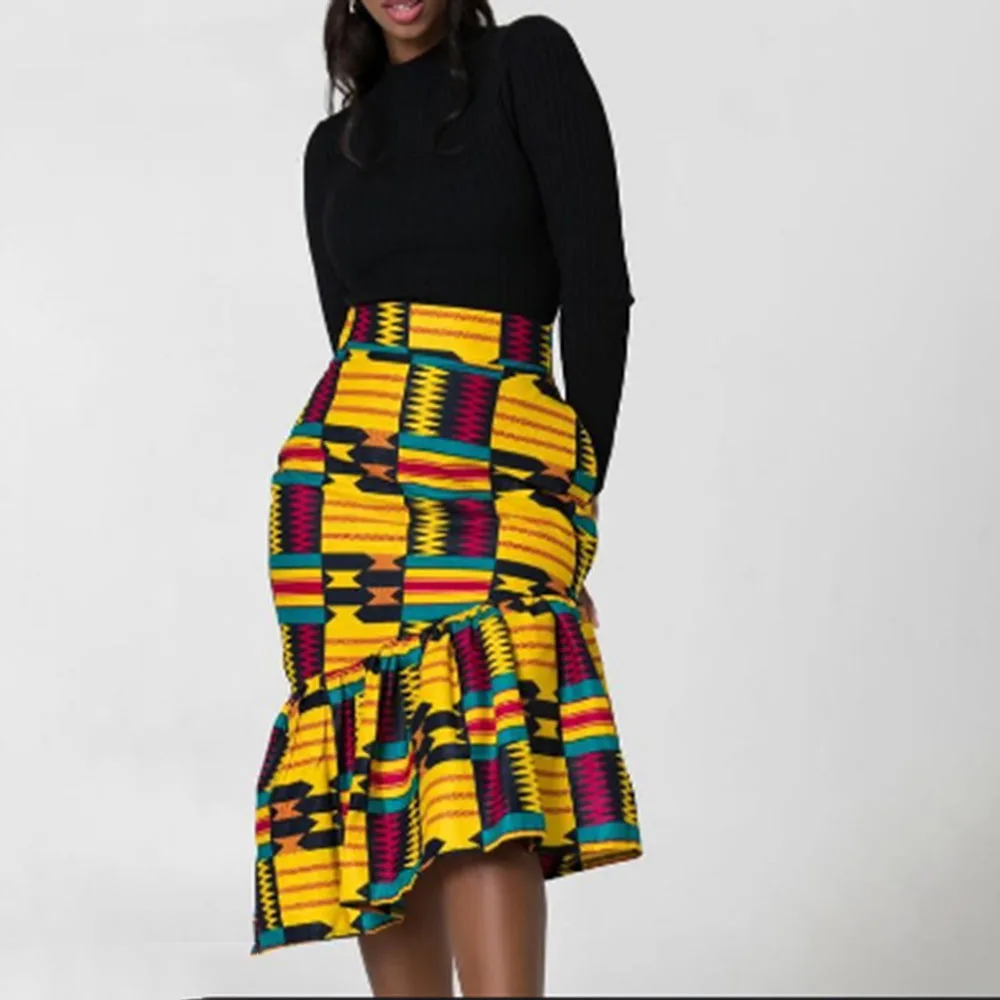 

2021 spring women skirt suits black long sleeve top and ruffle yellow midi skirts two piece set elegant OL matching outfits lady