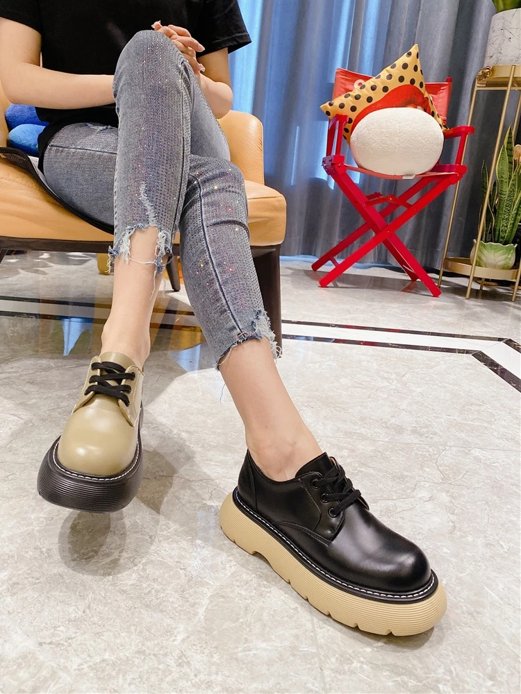 

Retro Wild Thick-Soled British Style Small Leather Shoes Spring And Autumn New Round Toe Low-Top Lace-Up Women's Shoes