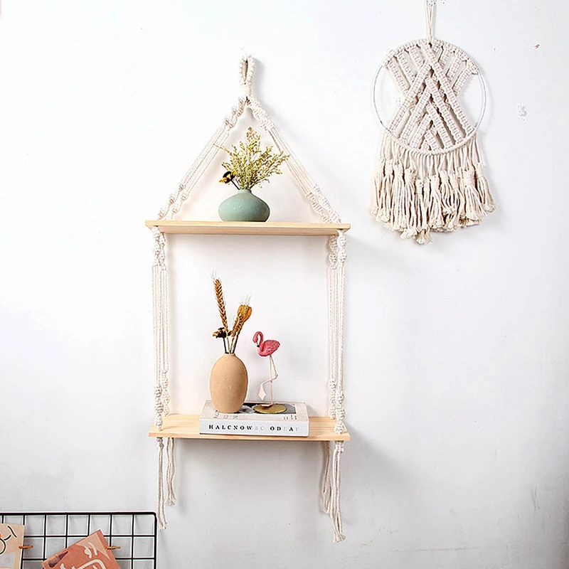 

Hand Woven Macrame Hanging Planter Basket Wooden Shelves Bohemian 2 Layers Rack Wall Hanging Tapestry Home Room Decor