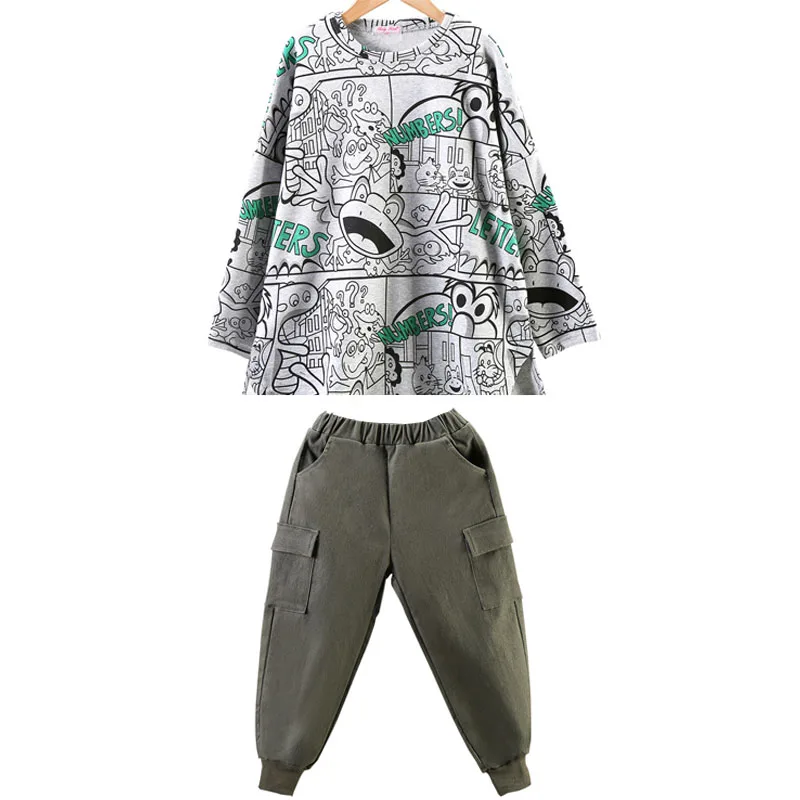 

Sets for Girls Autumn New Graffiti Printed Long-sleeved T-shirt Cargo Pants Girls Clothes Ins Style Cotton Retro Sweater Suit