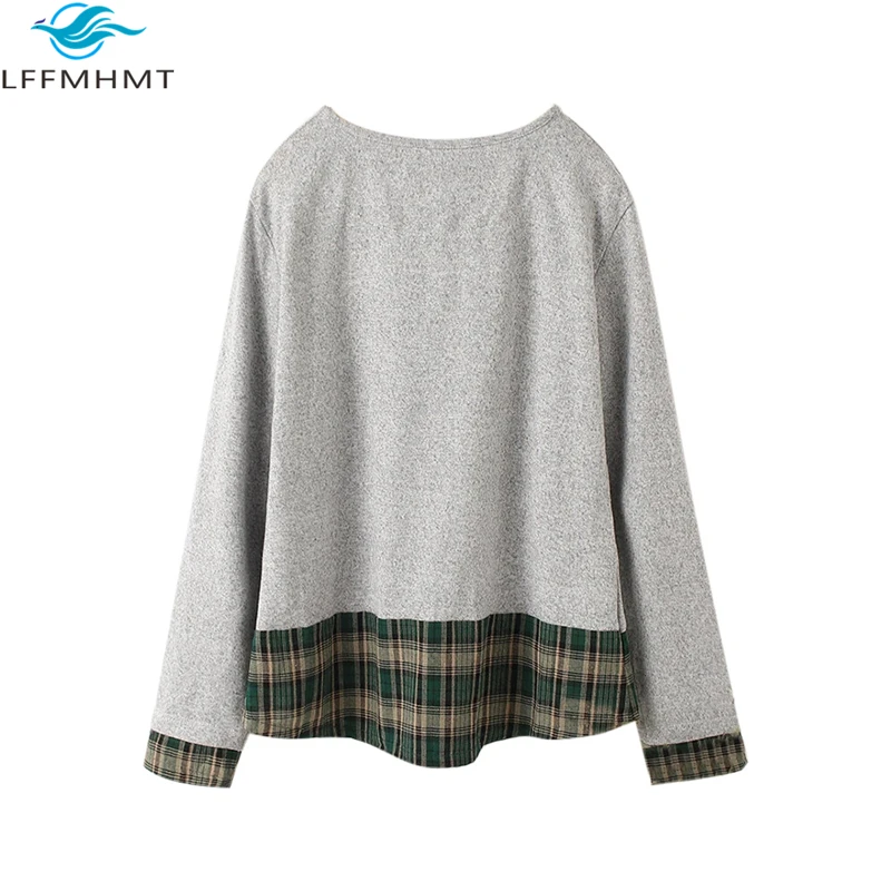 

Winter Fall Vogue Women Plaid Patchwork Flower Embroidery Original Long Sleeve Sweatshirt Lady Elegant Casual Loose Pullover Top