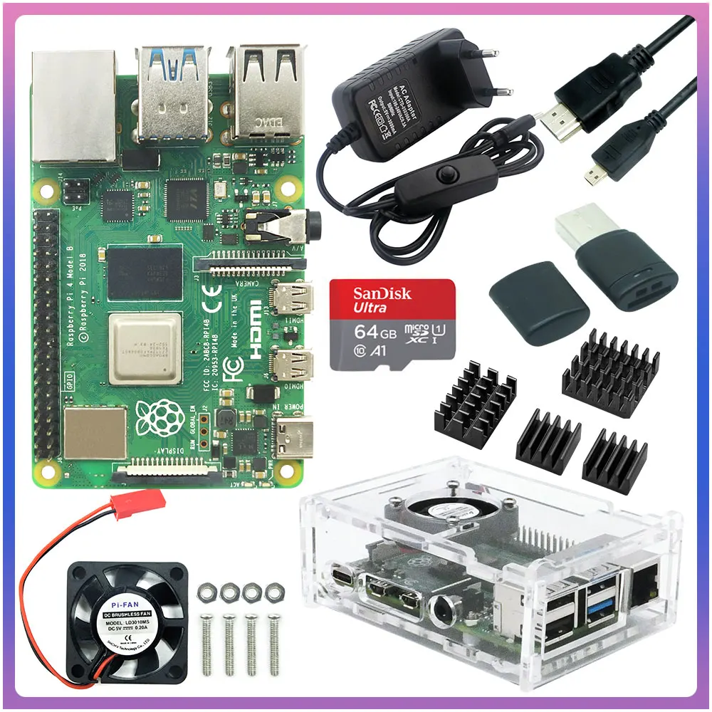 Raspberry Pi 4 Model B 2 ГБ/4 ГБ/8 ГБ ОЗУ + чехол вентилятор теплоотвод адаптер питания SD карта