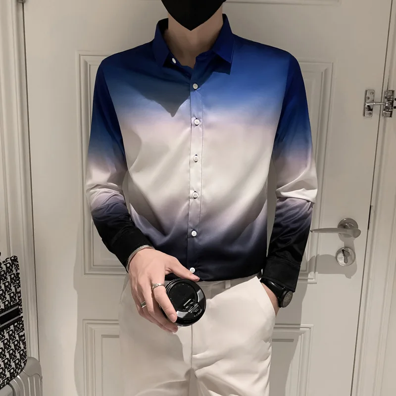 

Новинка Осенняя мужская рубашка с длинным рукавом в корейском молодежном городском стиле Повседневная тонкая рубашка с цветным рисунком д...