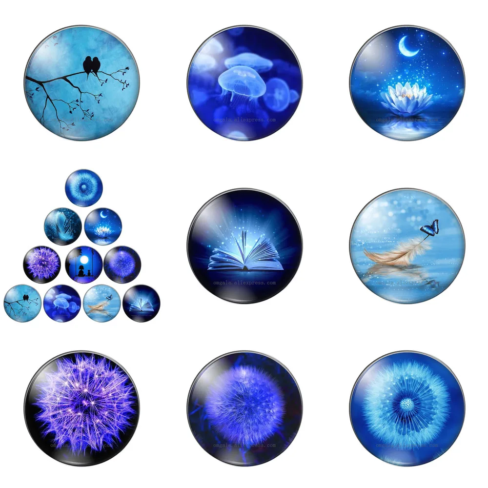 

Fashion Dandelion Feather Lotus Blue Elements 10mm/12mm/16mm/18mm/25mm Round Photo Glass Cabochon Demo Flat Back Making Findings