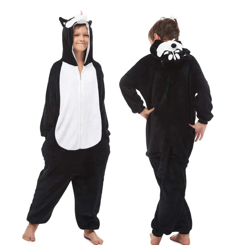 Black Dog 20 NEW kids kigurumi animal dinosaur unicorn pajamas set winter hooded soft Stitch Christmas sleepwear kids girls boys jumpsuit - Цвет: Black Dog