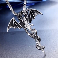 retro pterosaur coiled sword shape pendant necklace mens necklace fashion metal sliding pterodactyl pendant accessories jewelry