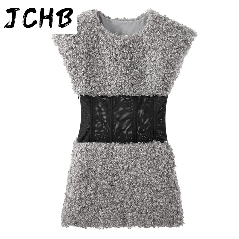 

JCHB New Autumn And Winter Fashion Casual Temperament Slim Plush Stitching Color Waist Cover Sexy Sleeveless Dress Women SG586