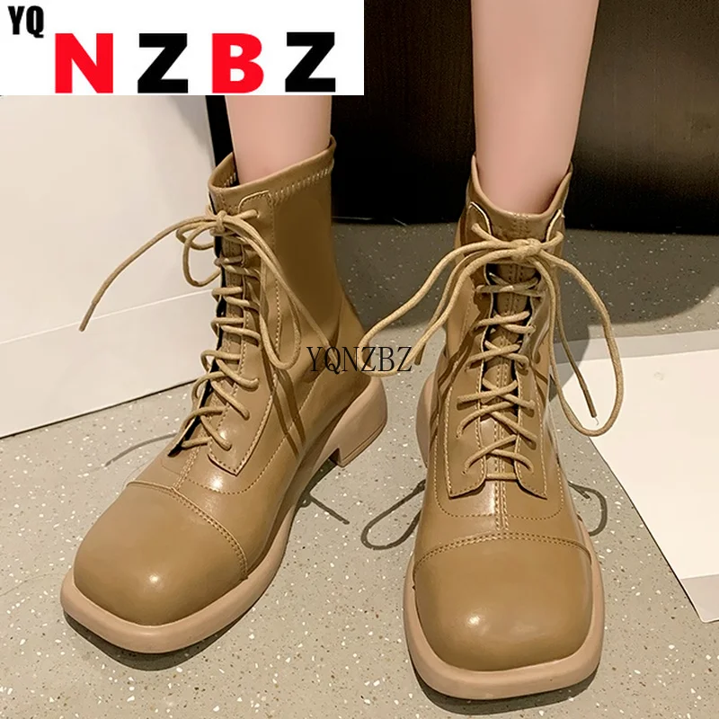 

2021 Autumn New Fashion Square Head Mid-tube Platform Female Martin Boots Lace-up Zipper Pu Leather Casual Female Ankle Boots