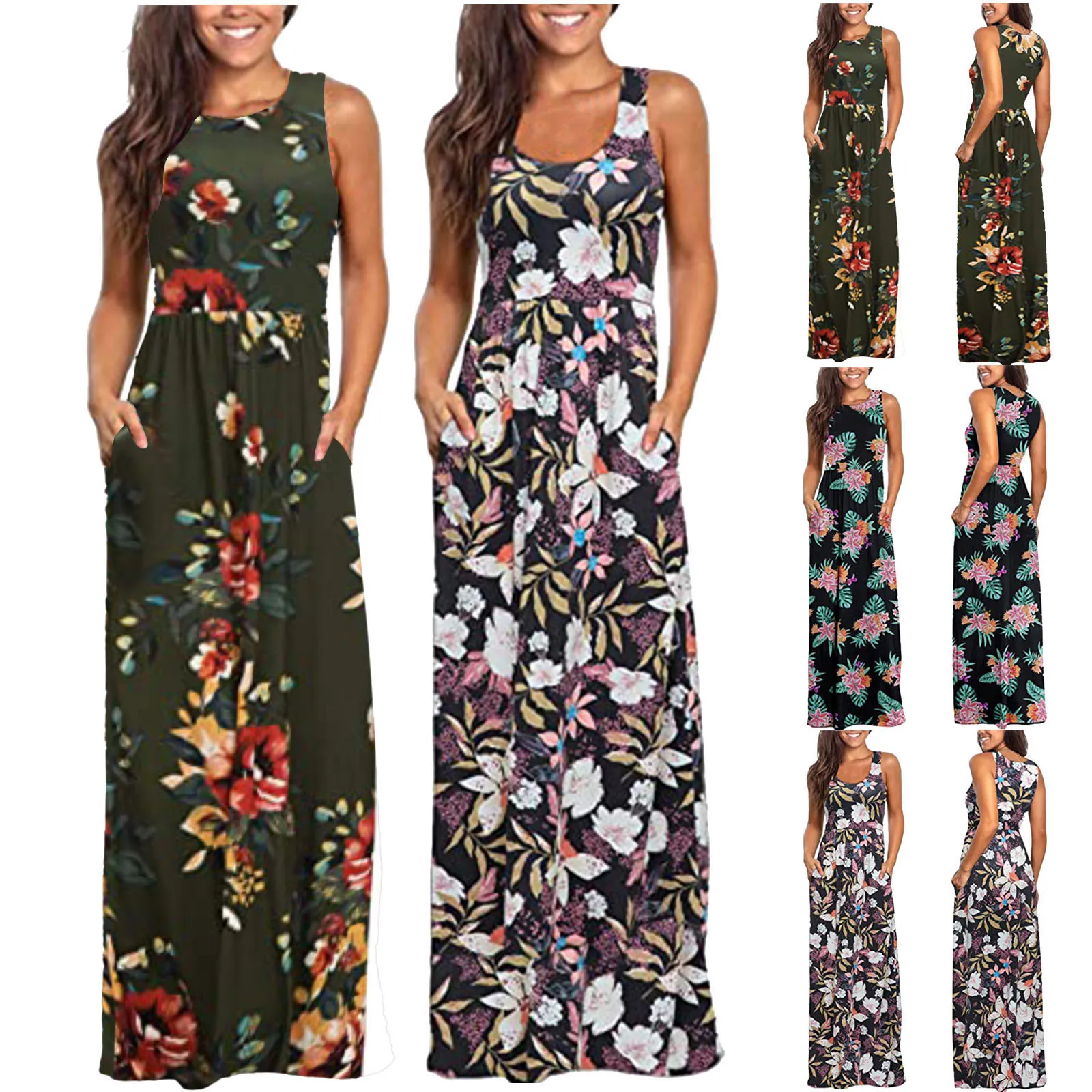 

2021 Dress Women Casual Sleeveless Camisole V-neck Print Tank Long Dress Plus Size 5xl Vestidos Boho Hippie Chic Long Dress