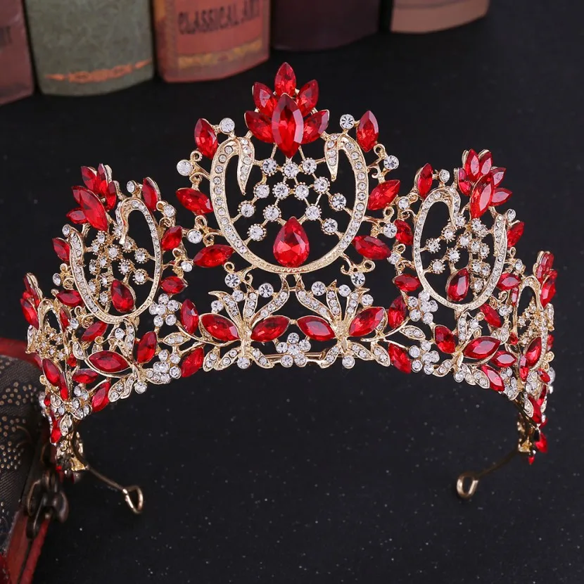 Gold Red Европейский барокко сверкающий кристалл большая свадебная тиара Корона Стразы диадема Couronne De Mariage свадебные аксессуары для волос - Окраска металла: Gold Red