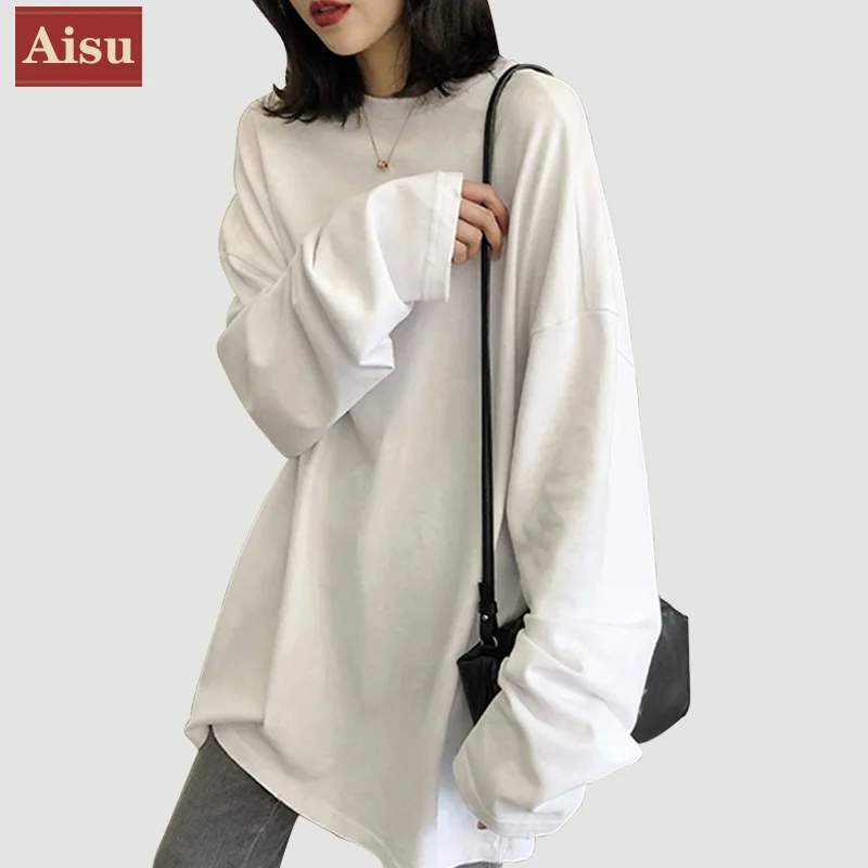 

ВЕСНА Новинка осени "Улыбка" сплошная простая свободная футболка в стиле Харадзюку, длинная футболка с О-образным вырезом Футболка для женщ...