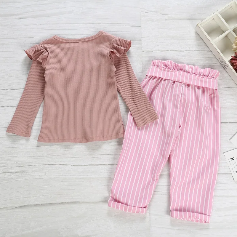 

1-6T Girls Clothing Set Autumn Toddler Kids Casual Long Sleeve Sweater Cotton T Shirt+Stripes Print Pants Baby Girl Clothes Suit