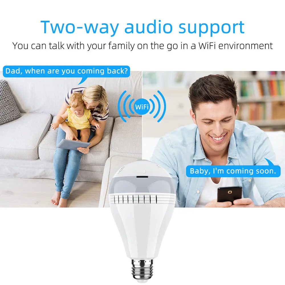 Беспроводная IP-камера с широкоугольным объективом и технологией LED-подсветки, разрешением 1080P, функцией ночного видения и контроля домашней безопасности в виде лампы-болванки.