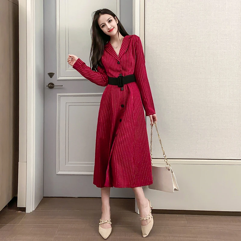 REALEFT винтажные Женские полосатые рубашки платья с высокой талией длинным рукавом