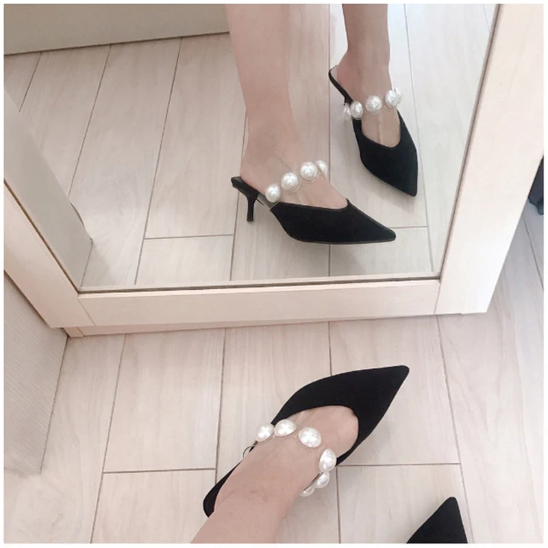 

Women Summer Slippers Office Lady Slides Fashion Female High Heel Sandals Casual Mules Flock Elegant Pearls Woman Shoes 2020 New