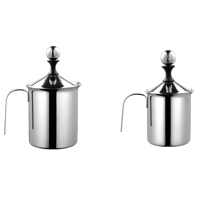 

2 Pcs Manual Milk Frother Stainless Steel Foam Beater Kitchen Whisk Coffee Cappuccino Frothing Pot 800ML & 400ML