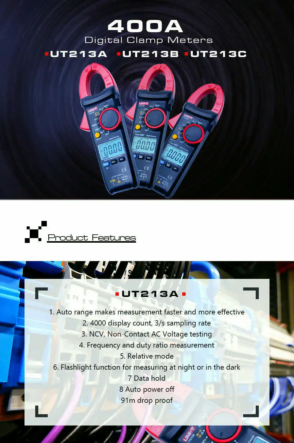 UNI-T UT213A/B/C 400A клещи TRMS AC DC ток напряжение сопротивление емкость температура тестер НТС фонарик Функция