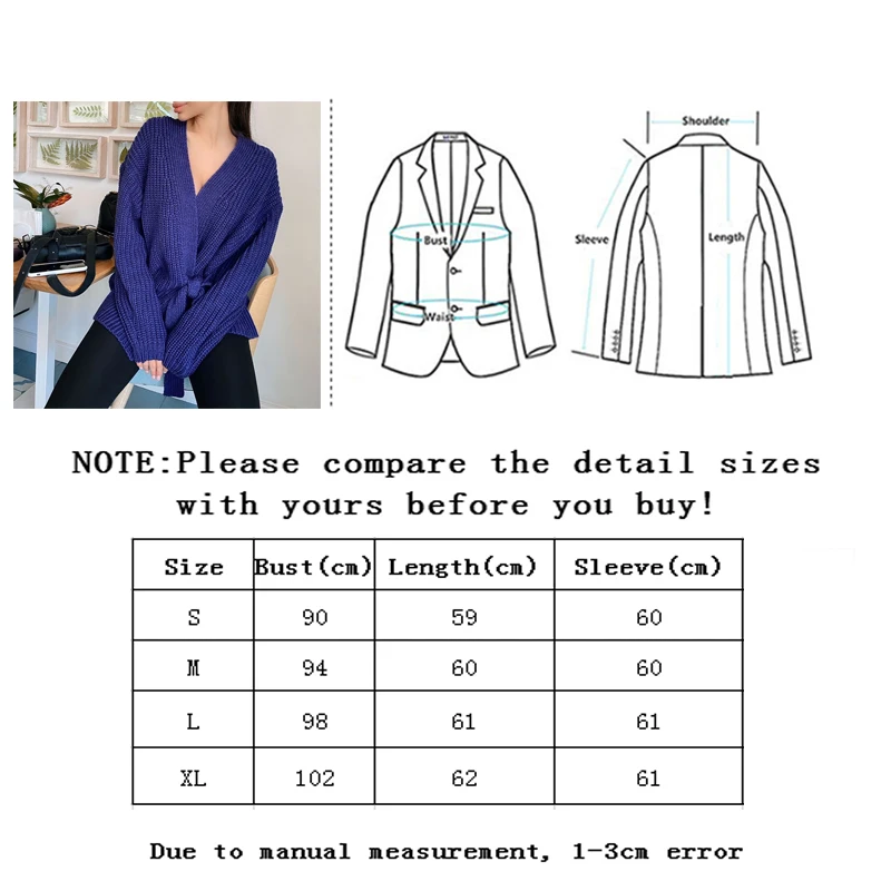 

SLLSKY Winter Knitted Long Sleeve Lace Up Cardigans Elegant V Neck Women Sweater Loose Basic Open Stitch Casual Solid Tops