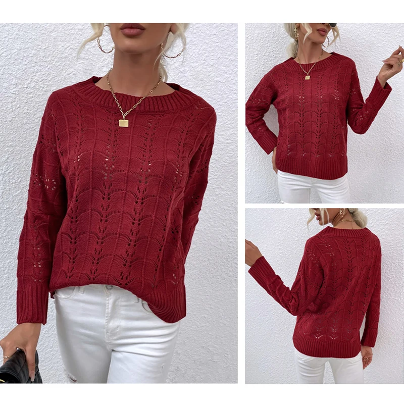 

Women Vintage Sweater Red Jumpers Woman Fall 2021 O-Neck Hollow Out Sweaters Knit Pullovers Long Sleeve Off The Shoulder Jumper