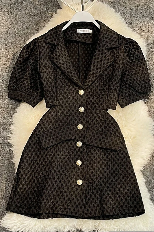 

suit short sleeve dress summer Korean temperament hollow out waist single breasted A-line show thin skirt trendy white dress