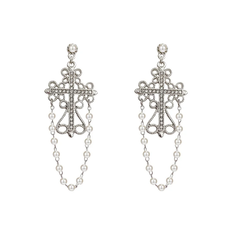 

Silver Needle Exaggerated Hollowed Cross Pearl Women's Trend Long Diamond Bohemia at a Loss Earrings for Women Luxurious