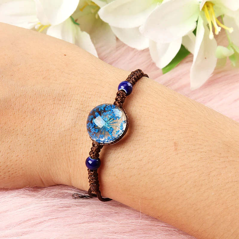 Модный стеклянный браслет с подвесками в виде сушеных цветов регулируемый