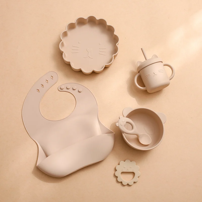 Vajilla de alimentaci&oacute;n para beb&eacute;, juego de 6 unids/set de silicona con dibujos animados, taz&oacute;n de alimentaci&oacute;n para beb&eacute;, plato de cena antideslizante, mordedor para ni&ntilde;o, productos para beb&eacute;-5