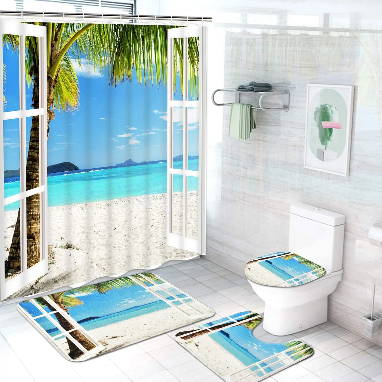 

Beach Palm Trees Print Shower Curtain Set Carpet Cover Toilet Cover Bathroom Mat Cushion Cover Bathroom Curtain Household