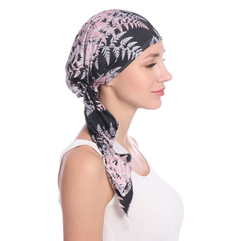 

New Printed Women India Hat Muslim Ruffle Cancer Chemo Beanie Scarf Turban Two Tail Wrap Cap daily wear H