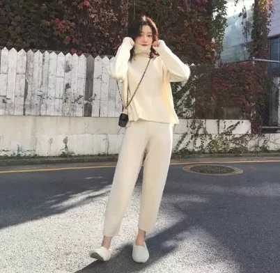 

2019 winter autumn spring knitted tracksuit turtleneck sweatshirts women suit clothing 2 piece set knit pant female pants suit