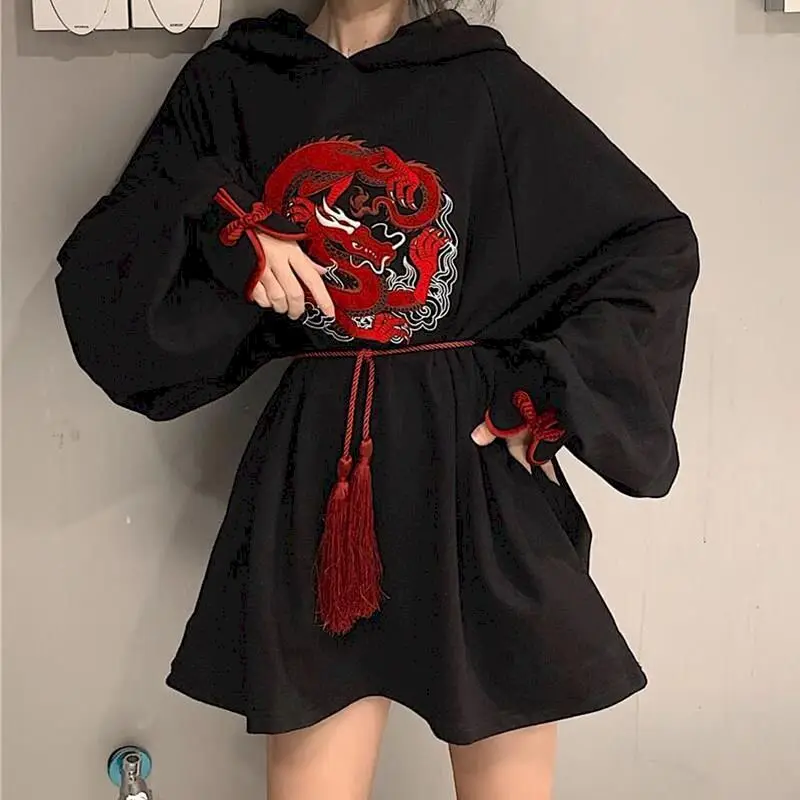 

2021 New Women Hoodies Temperament Chinese Style Tassel Embroidery Loose Autumn Winter Disc Buckle Lantern Sleeve Top Fashion