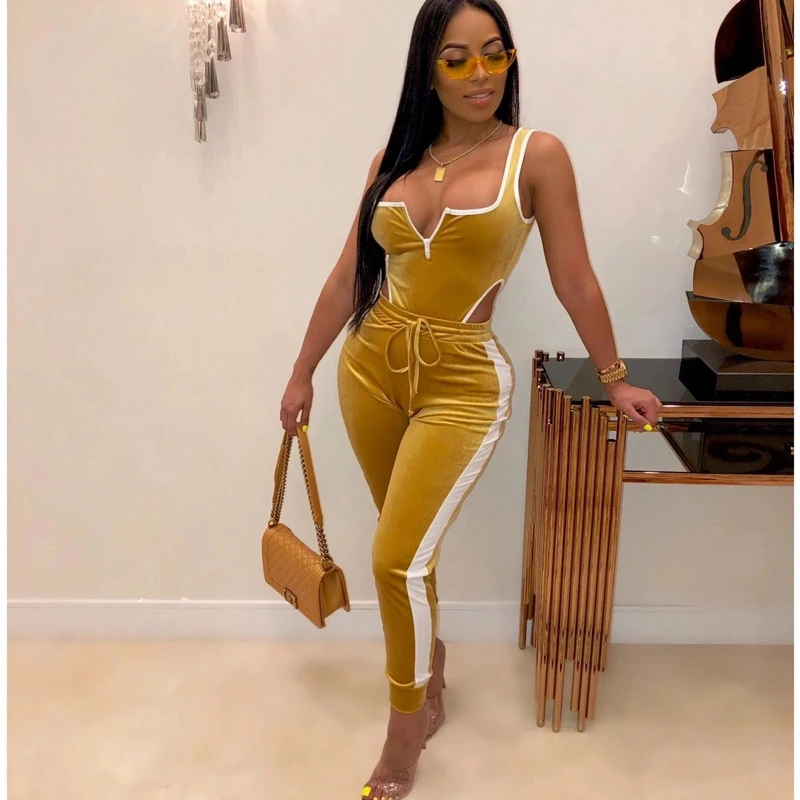 

Autumnr Two Piece Set Women Sleeveless Hollow Zip Backless Stitching Sexy Crop Top+Pants Sets Club Outfits Streetwear Wholesale