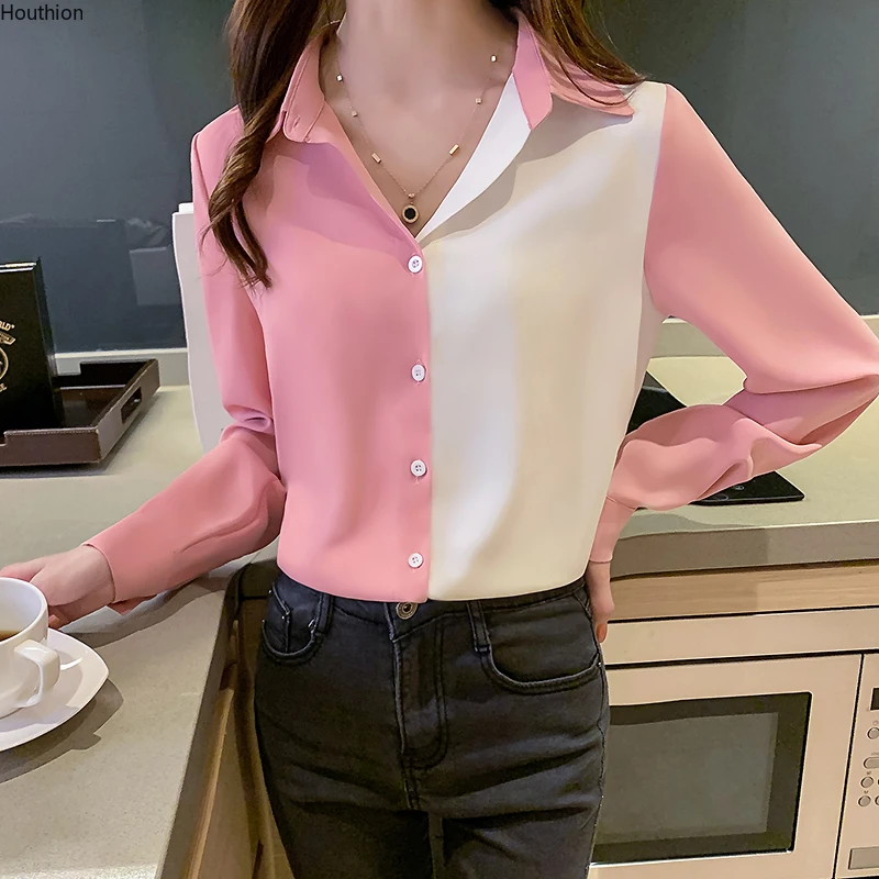 

Summer New Women's Blouses Polo Shirt Long Sleeve Tops Solid Color Stitching Blouse Girl Chiffon Casual Fashion Lady Loose