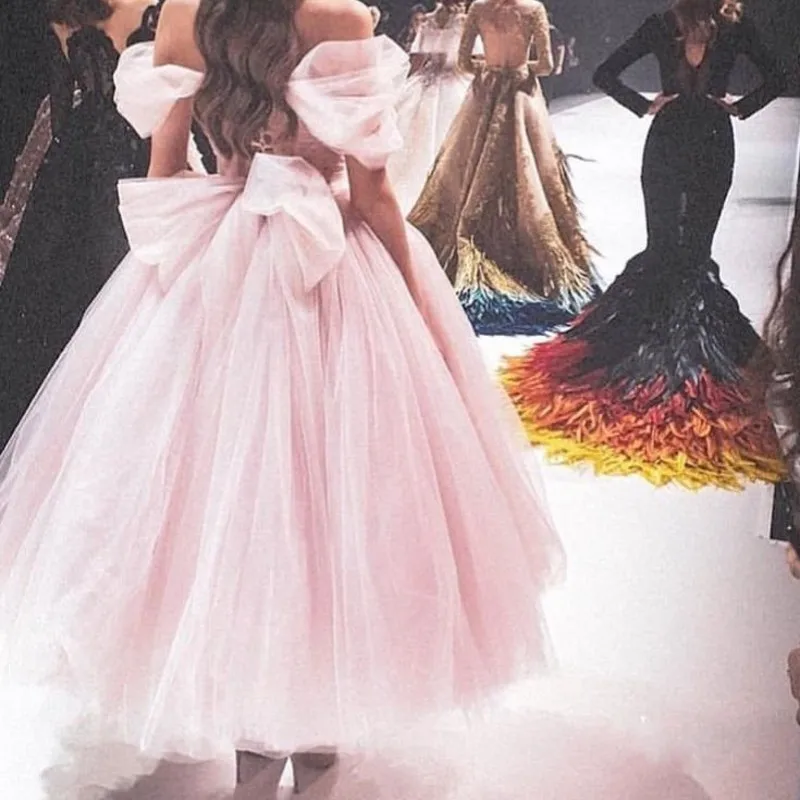 

Pink Evening Dress Long 2019 Off Shoulder Women Elegant Formal Prom Evening Gown Crystal Puffy Tulle vestido de festa longo