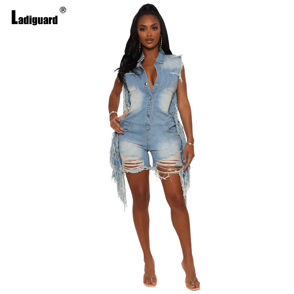 Women Hole Ripped Distressed Skinny Denim Playsuits Shredded Trousers Girls Streetwear Sexy Notched Ladies Tassel Demin Overalls